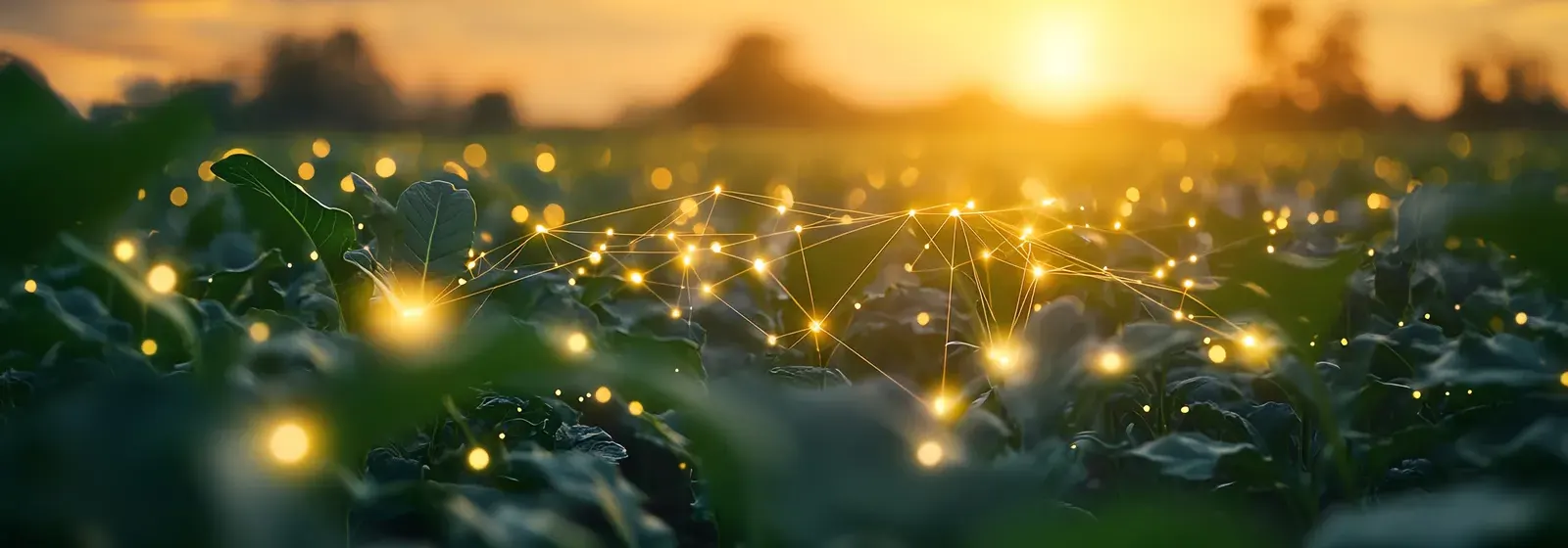 Ein Feld bei Sonnenuntergang mit leuchtenden Datenpunkten