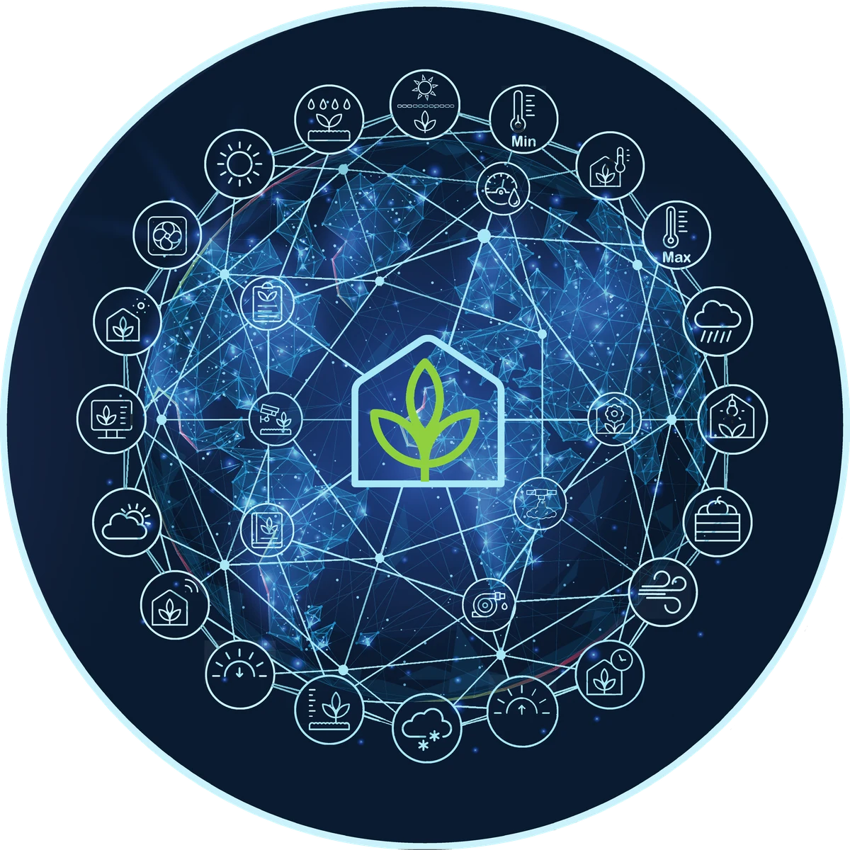 Climate icons connected around the globe, with the Climate-Data emblem in the centre