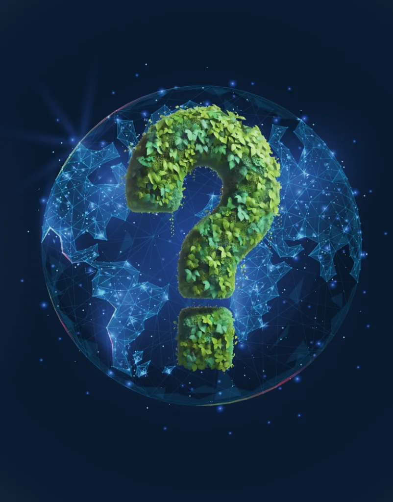 A globe with a green question mark made of leaves