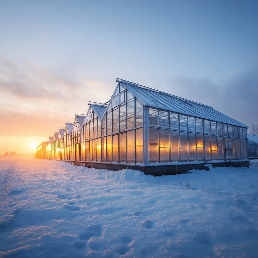 Ein Gewächshaus im Schnee bei Sonnenaufgang